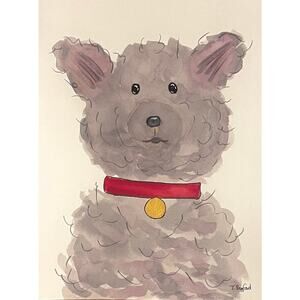 Hand painted watercolor original painting fluffy gray sheepdog